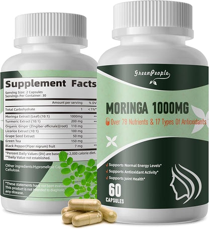 Moringa Capsules,Rich Moringa Powder with Turmeric & Ginger,A Natural Green Antioxidant Superfood - Supports Energy,Skin Health,Gut Health,60pcs 2packs