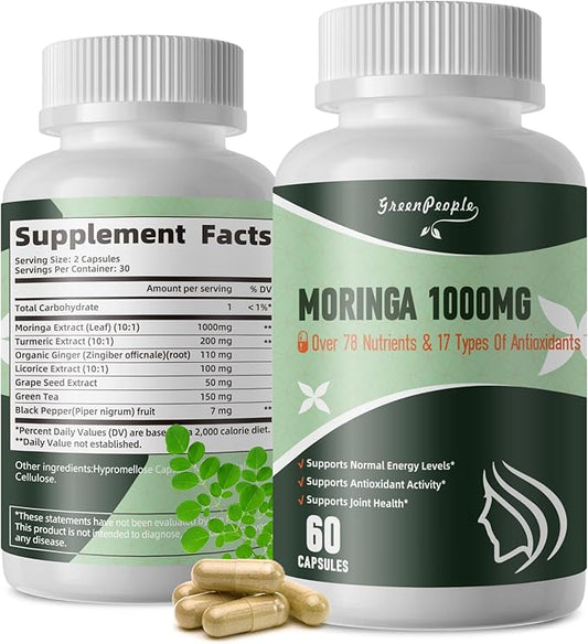 Moringa Capsules,Rich Moringa Powder with Turmeric & Ginger,A Natural Green Antioxidant Superfood - Supports Energy,Skin Health,Gut Health,60pcs 2packs