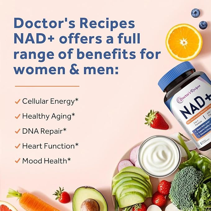Doctor's Recipes NAD Supplement, Nicotinamide Riboside, Resveratrol, NMN Alternative for Anti-Aging, w/Magnesium Glycinate & L-Tryptophan, 650mg Per Serving, Energy & Mood Boost, 60 Vegan Capsules