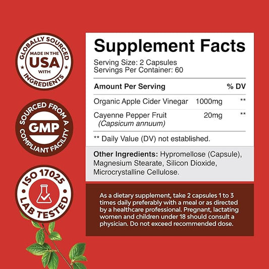 Cleansing Apple Cider Vinegar Capsules - ACV Cleanse and Detox Pills for Gut Digestive Health with Slimming Cayenne Extra Strength Full Body (60 Servings)
