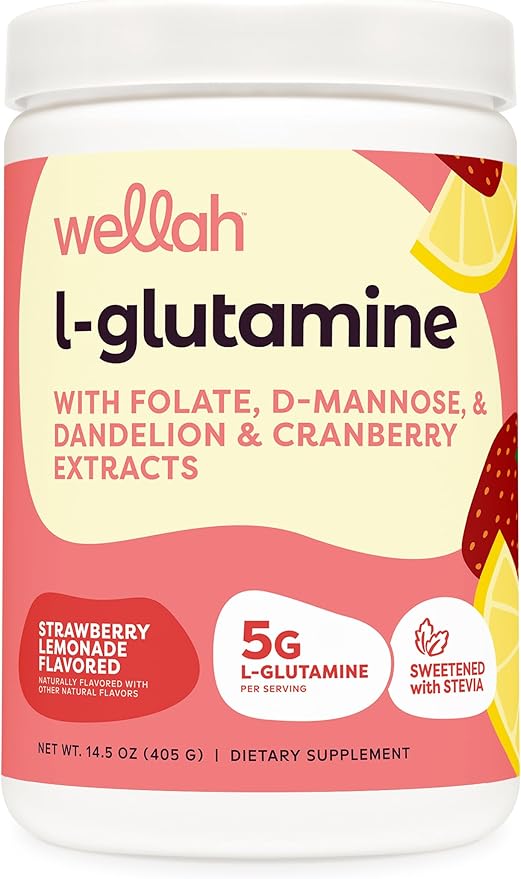 Wellah L-Glutamine Strawberry Lemonade Flavored (50 Servings) - 5g L-Glutamine Per Serving, Sweetened with Stevia