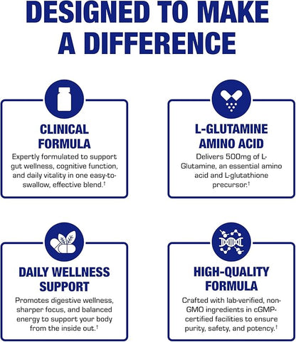 Free Form L-Glutamine Supplement - Clinical L Glutamine Capsules 500mg for Gut Health and Immune Support - Powerful Amino Acid Glutathione Precursor - Non-GMO & Made in The USA - 100 Servings