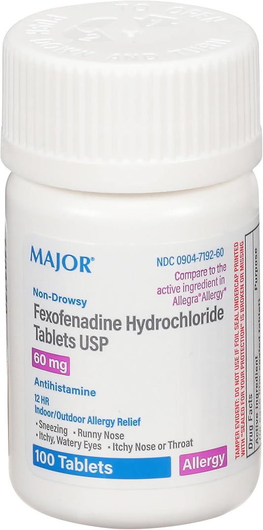 MAJOR Fexofenadine Hydrochloride Tablets USP, 60 mg - Non-Drowsy Allergy Medicine - Antihistamine - 12 Hour Indoor/Outdoor Allergy Relief - 100 Tablets