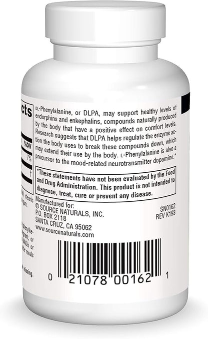 Source Naturals DLPA DL-Phenylalanine 375 mg Supplement That Supports an Alert State - 60 Tablets