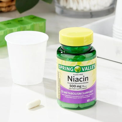 Vitamin B3 Niacin 500 mg Flush Free Capsules • Energy Metabolism Support • Nervous System Health • Dietary Supplement • 60 Pills by Spring Valley + Vena’s Sticker (Pack of 1)