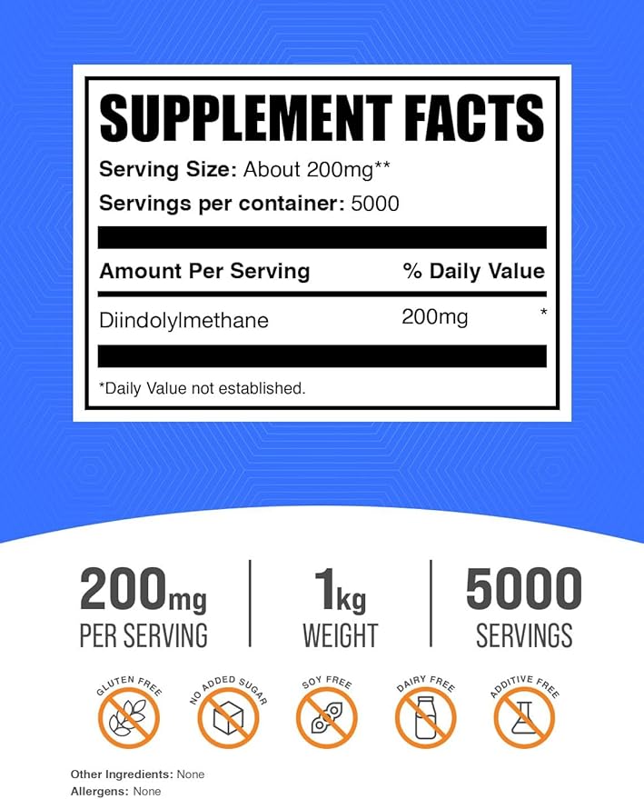 BulkSupplements.com DIM Powder - Diindolylmethane Powder, DIM Supplement for Men & Women - Unflavored & Gluten Free, 200mg per Serving, 1kg (2.2 lbs) (Pack of 1)