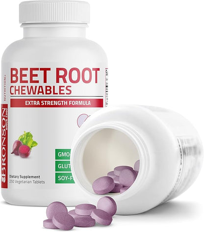Bronson Beet Root Chewables 2000 MG, Grape Flavored - Extra Strength 2000 MG Per Serving Circulation Support Heart Health & Stamina, Non-GMO, 250 Vegetarian Grape Flavored Chewable Tablets