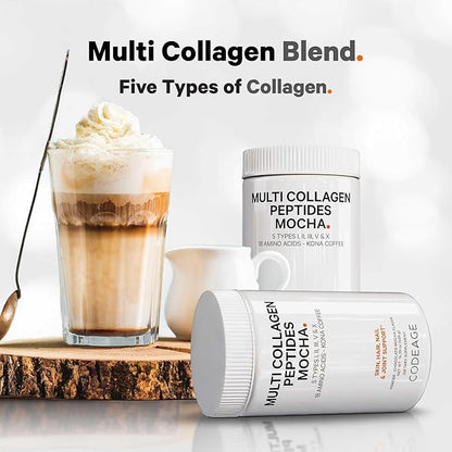 Codeage Multi Collagen Peptides Protein Powder - Chocolate Mocha Instant Coffee - Gourmet Knoa Coffee Drink & Shake - Collagen Type I, II, III, V & X - Grass-Fed, Hydrolyzed, Non-GMO - 14.39oz