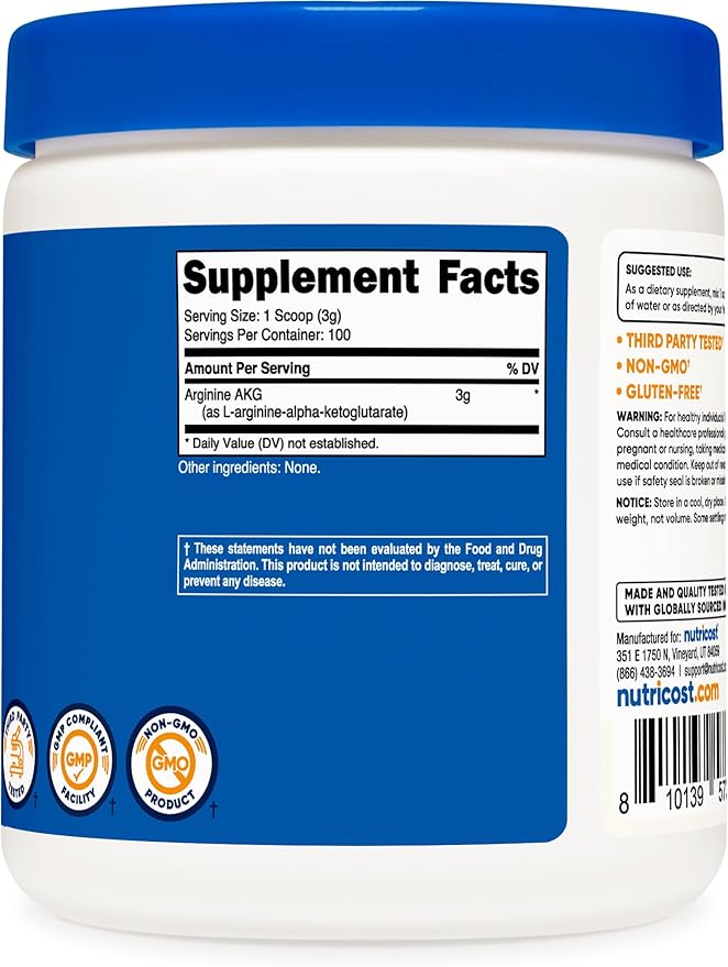 Nutricost Arginine AKG Powder 300 Grams (AAKG) - 3G Per Serving & 100 Servings - Pure Arginine Alpha Ketoglutarate