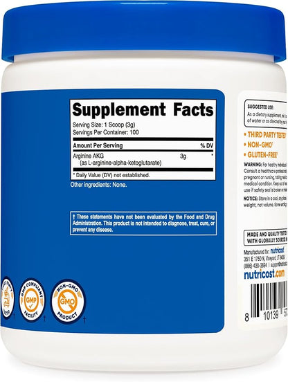 Nutricost Arginine AKG Powder 300 Grams (AAKG) - 3G Per Serving & 100 Servings - Pure Arginine Alpha Ketoglutarate