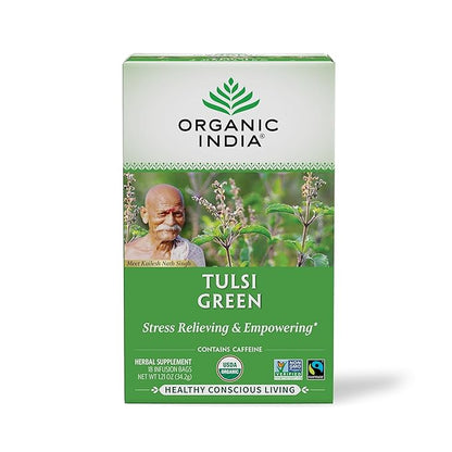 Organic India Tulsi Green Herbal Tea - Holy Basil, Stress Relieving & Empowering, Immune Support, Vegan, USDA Certified Organic, Premium Darjeeling Green Tea, Caffeinated - 18 Infusion Bags, 1 Pack