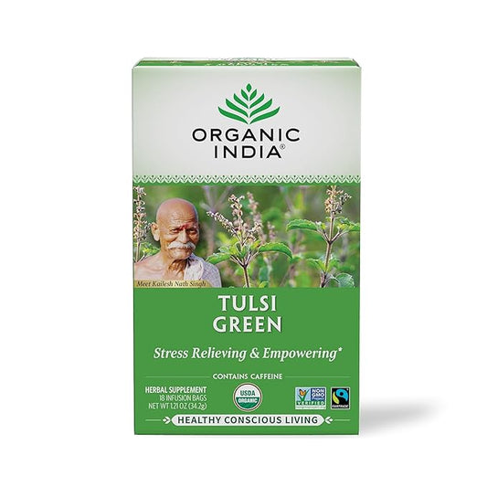 Organic India Tulsi Green Herbal Tea - Holy Basil, Stress Relieving & Empowering, Immune Support, Vegan, USDA Certified Organic, Premium Darjeeling Green Tea, Caffeinated - 18 Infusion Bags, 1 Pack