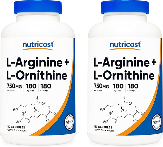 Nutricost L-Arginine L-Ornithine 750mg; 180 Capsules (2 Bottles)