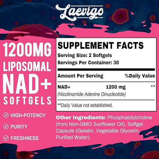 1200mg Liposomal NAD+ Supplement, Ultra Purity Actual NAD Supplement, Enhanced Absorption, Boosting NAD+, Age Defense, Energy, Metabolic Repair, 360 Softgels