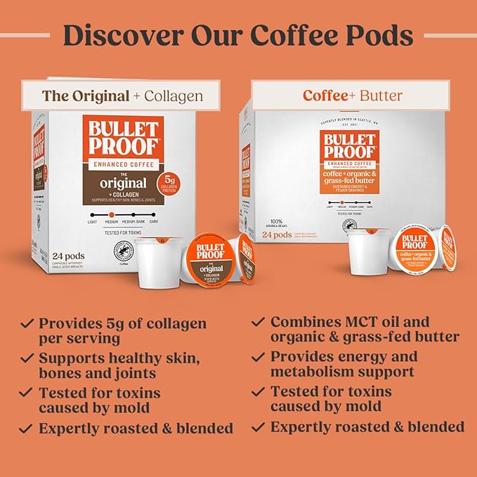 Bulletproof Coffee + Organic Grass-Fed Butter Single-Serve Pods, 10 Count, Keto Coffee, All-in-one Recipe with MCT Oil and Butter, Packaging May Vary