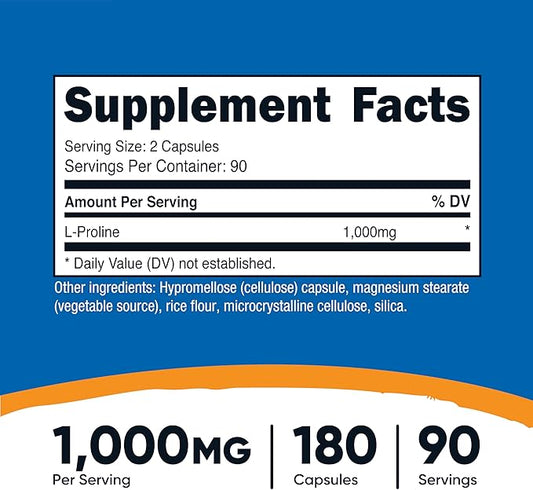 Nutricost L-Proline 1000mg, 180 Capsules (90 Servings) - 500mg Per Cap, Non-GMO, Gluten Free