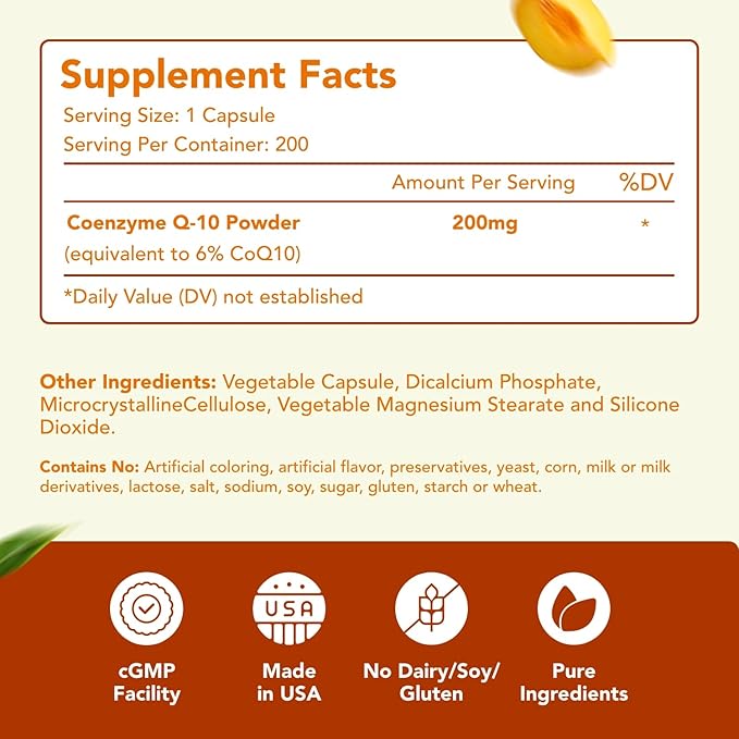 Coenzyme Q10 200mg CoQ10 Supplement -Once Daily CoQ10 200mg Powder Capsules for Heart Health, Antioxidant & Energy Support -Non-GMO, Quick Absorption Ubiquinone Q10 Coenzyme (Single)