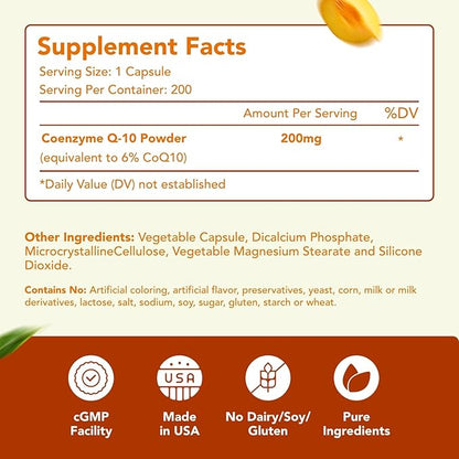 Coenzyme Q10 200mg CoQ10 Supplement -Once Daily CoQ10 200mg Powder Capsules for Heart Health, Antioxidant & Energy Support -Non-GMO, Quick Absorption Ubiquinone Q10 Coenzyme (Single)