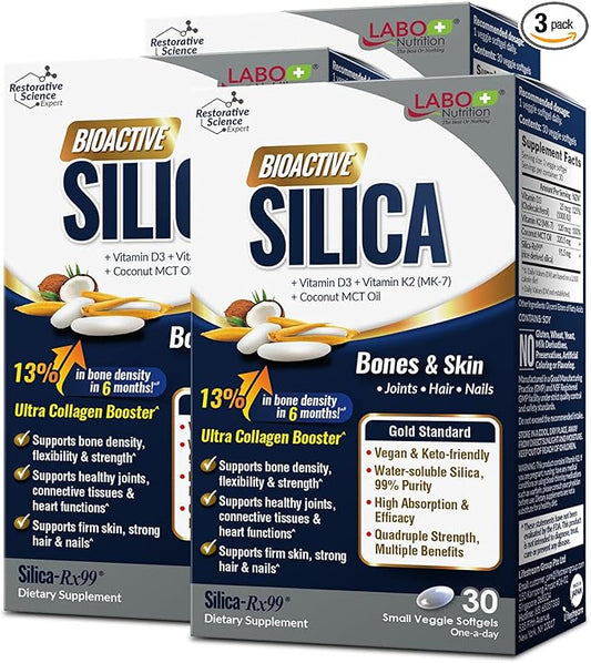 LABO Nutrition Bioactive Silica – For Hair, Skin, Nails, Collagen Formation, Joint & Bone Strength – Support Bone Health & Collagen Booster– 99% Purity Rice-Derived Silica Supplement, 30 Vegan Softgel