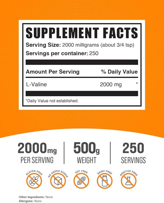 BulkSupplements.com L-Valine Powder - Valine Supplement, BCAA Supplement, Amino Acid Powder - Unflavored & Gluten Free, 2g per Serving, 500g (1.1 lbs) (Pack of 1)