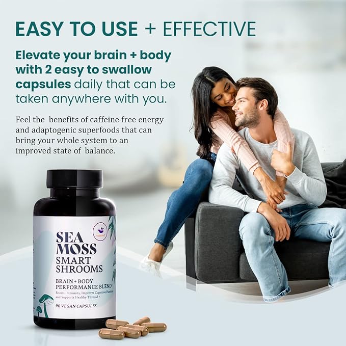 HAPPY FOX Irish Sea Moss Capsules & Mushroom Complex - Organic Seamoss with Adaptogens for Brain Health, 1500mg, 90 Vegan Capsules, Organic Mushroom Supplement