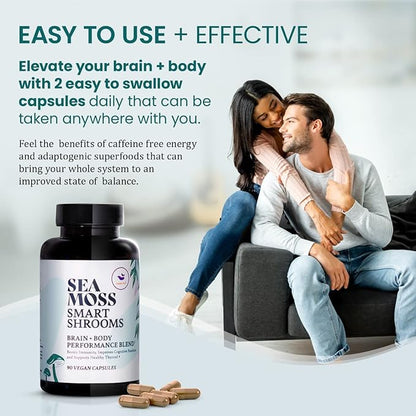 HAPPY FOX Irish Sea Moss Capsules & Mushroom Complex - Organic Seamoss with Adaptogens for Brain Health, 1500mg, 90 Vegan Capsules, Organic Mushroom Supplement