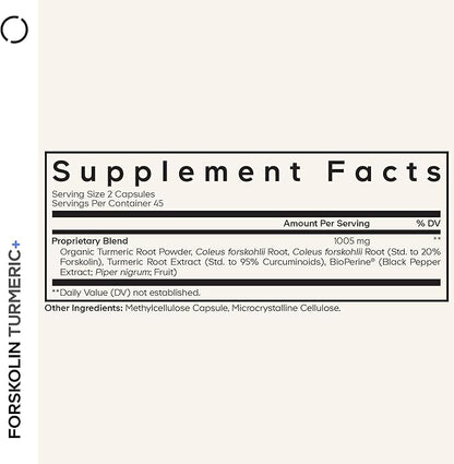 Codeage Forskolin, Pure Forskolin Coleus + Organic Turmeric Root Powder, 95% Curcuminoids + Bioperine Black Pepper - 20% Standardized Coleus Forskohlii Supplement - Non-GMO - 90 Capsules