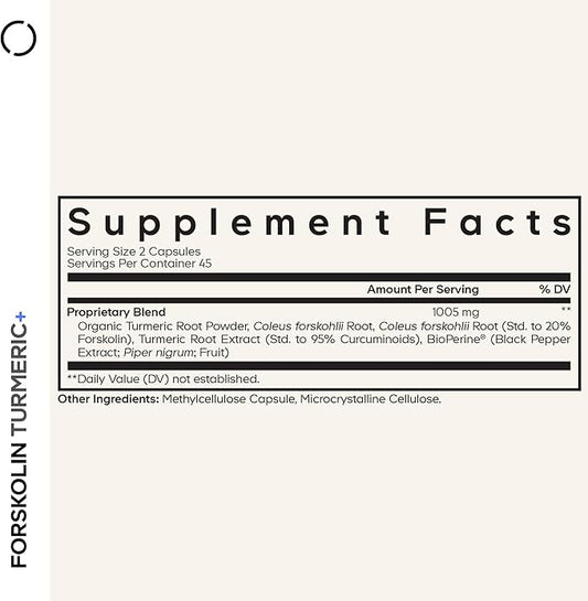 Codeage Forskolin, Pure Forskolin Coleus + Organic Turmeric Root Powder, 95% Curcuminoids + Bioperine Black Pepper - 20% Standardized Coleus Forskohlii Supplement - Non-GMO - 90 Capsules
