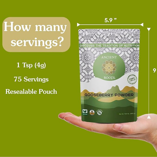 Ancient Roots Gooseberry Powder -100% Pure & Natural, Non-GMO, Gluten-Free, Finely Ground Amla for Smoothies, Teas, and Recipes, 10.5 oz Resealable Bag