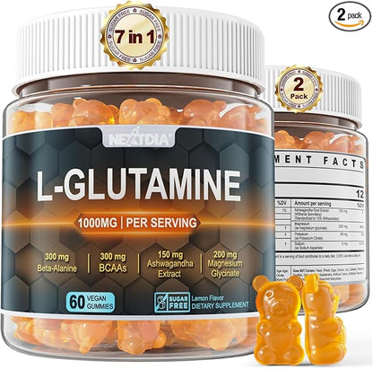 L-Glutamine 1000mg Gummies for Women & Men| with Beta-Alanine, BCAAs, Magnesium Glycinate, Potassium & Ashwagandha | Vegan | Sugar-Free & Extra-Chewy | 120 Counts