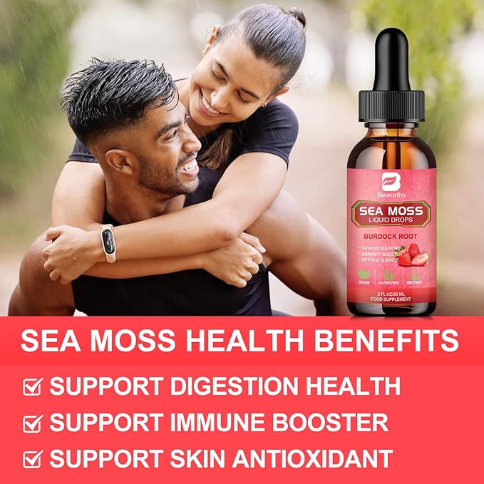 Sea Moss Liquid Drops - Organic Irish Sea Moss Gel with Spirulina, Bladderwrack, Burdock Root, Seamoss Gel Supplement for Joint, Gut Cleanse & Digestion Support - 2 Fl Oz, Vegan