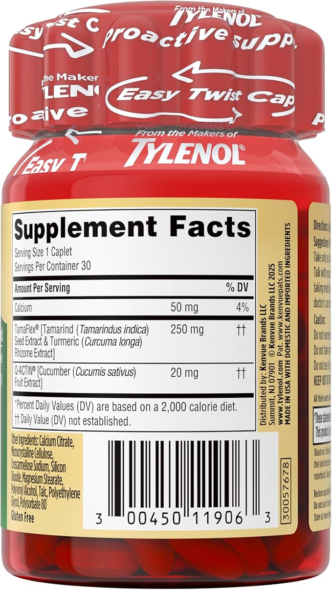 Tylenol Proactive Support* Muscle & Joint Supplements, Drug Free, Tamarind + Turmeric Supplement + Cucumber Extract to Improve Joint Comfort & Flexibility*, 30 ct