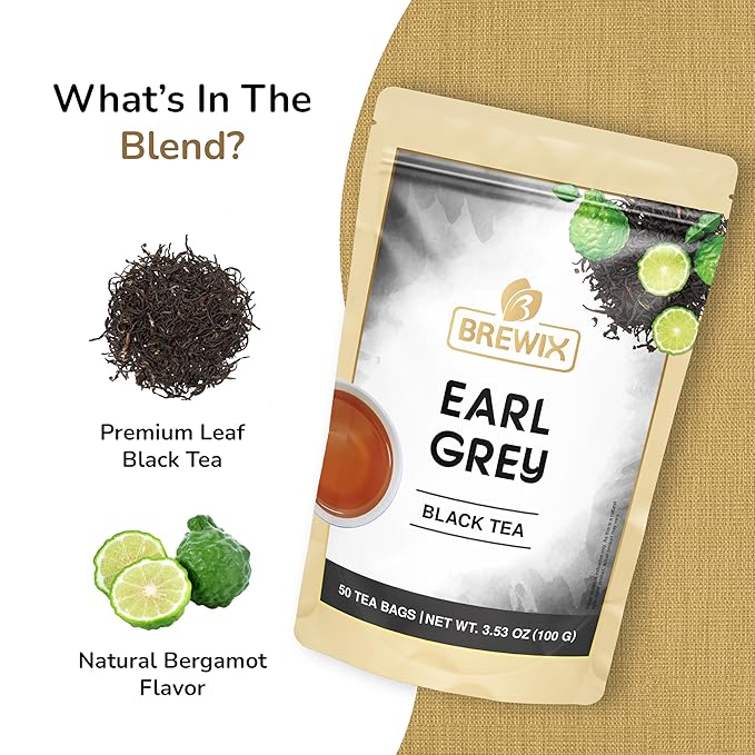 BREWIX, Earl Grey Black Tea (50 Pyramid Tea Bags) Black Tea with Bergamot | Gluten Free, Energizing & Caffeinated | Sugar-Free, High Caffeine | Gourmet Tea