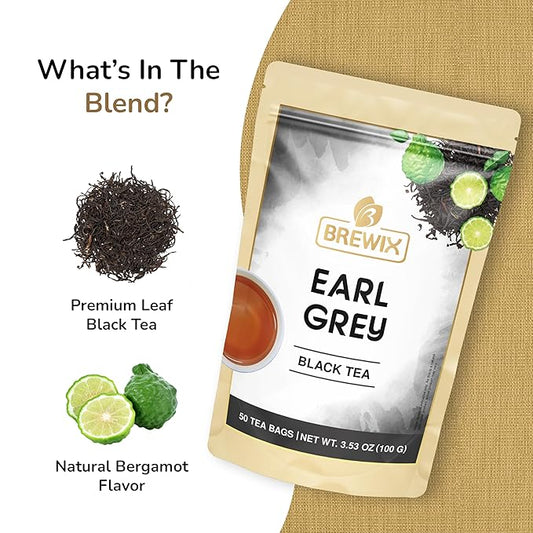 BREWIX, Earl Grey Black Tea (50 Pyramid Tea Bags) Black Tea with Bergamot | Gluten Free, Energizing & Caffeinated | Sugar-Free, High Caffeine | Gourmet Tea
