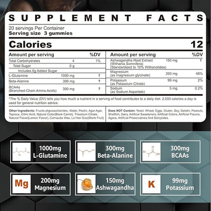 L-Glutamine 1000mg Gummies for Women & Men| with Beta-Alanine, BCAAs, Magnesium Glycinate, Potassium & Ashwagandha | Vegan | Sugar-Free & Extra-Chewy | 60 Counts