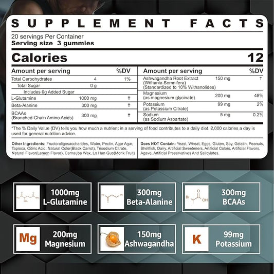 L-Glutamine 1000mg Gummies for Women & Men| with Beta-Alanine, BCAAs, Magnesium Glycinate, Potassium & Ashwagandha | Vegan | Sugar-Free & Extra-Chewy | 60 Counts