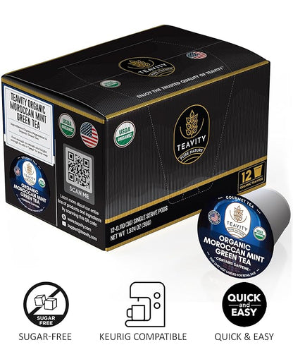 Organic Moroccan Mint Tea and Green Tea Pods for Keurig - Caffeinated Unsweet Tea for K Cup Brewing by Teavity (36 Tea Pods)
