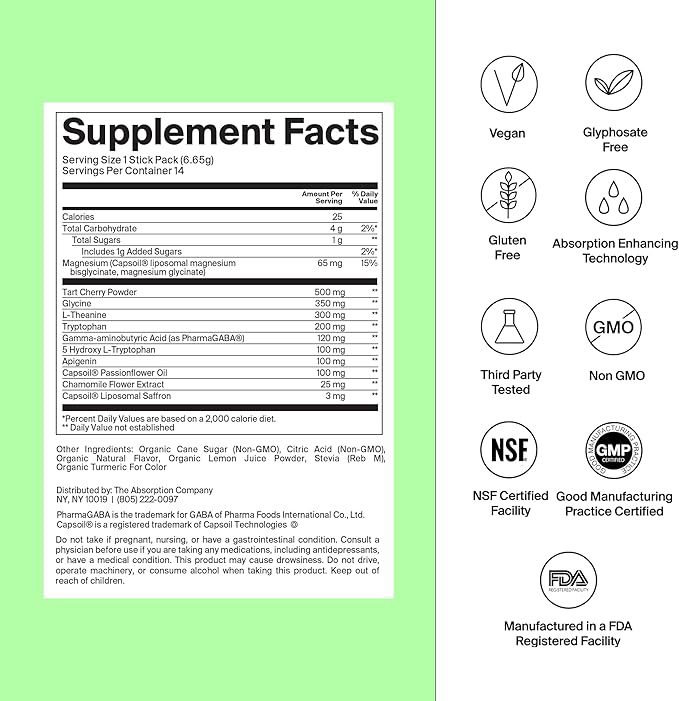 Sleep Aid Powder - Calming Drink for Deep Sleep with Liposomal Saffron, Magnesium & PharmaGABA Melatonin-Free Natural Supplement to Reduce Stress and Improve Sleep Quality Chamomile Lemonade 14 Sticks