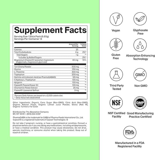 Sleep Aid Powder - Calming Drink for Deep Sleep with Liposomal Saffron, Magnesium & PharmaGABA Melatonin-Free Natural Supplement to Reduce Stress and Improve Sleep Quality Chamomile Lemonade 14 Sticks