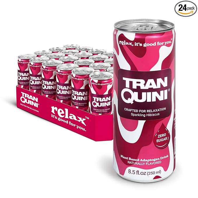 Tranquini Calming Drink With Herbal Adaptogens | Sparkling Water Stress Relief Beverage | Sugar Free, Non Alcoholic, Gluten Free, Vegan - 250ml Hibiscus (24 cans)