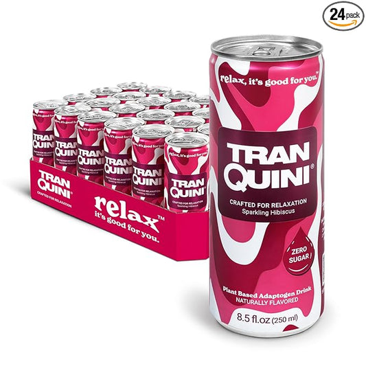 Tranquini Calming Drink With Herbal Adaptogens | Sparkling Water Stress Relief Beverage | Sugar Free, Non Alcoholic, Gluten Free, Vegan - 250ml Hibiscus (24 cans)