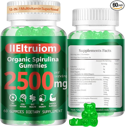Organic Blue Spirulina Chlorella Gummies, 13-in-1 Super Greens & Superfoods, Spirulina 2500mg Enhanced Daily Energy with Sea Moss, Chlorophyll, GLA, Gluten Free, 60 Vegan Gummies
