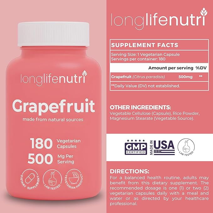 Grapefruit Seed Extract 500mg - Derived from Citrus Paradisis, 180 Vegetarian Capsules, Organic Naringin Supplement for Daily Energy & Balance, 6-Month Supply, GMP Certified, Made in USA