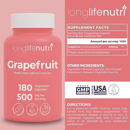 Grapefruit Seed Extract 500mg - Derived from Citrus Paradisis, 180 Vegetarian Capsules, Organic Naringin Supplement for Daily Energy & Balance, 6-Month Supply, GMP Certified, Made in USA