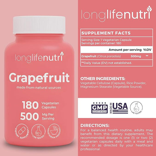 Grapefruit Seed Extract 500mg - Derived from Citrus Paradisis, 180 Vegetarian Capsules, Organic Naringin Supplement for Daily Energy & Balance, 6-Month Supply, GMP Certified, Made in USA