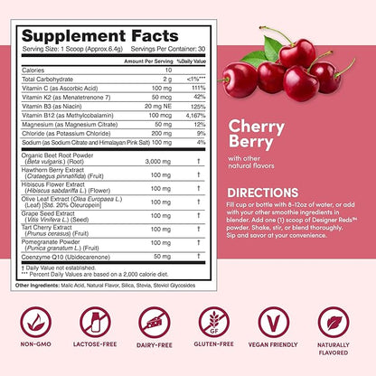 Designer Wellness, Designer Reds, Daily Superfood Powder with Beet Root, Support for Energy, Stress, Immune Health, Heart Health, and Digestive Health, Cherry Berry, 30 Servings