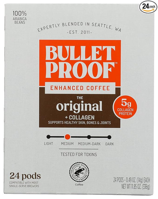 Bulletproof Coffee + Collagen Single-Serve Coffee Pods, 24 Count, Clean Coffee Tested for Toxins, Packaging May Vary
