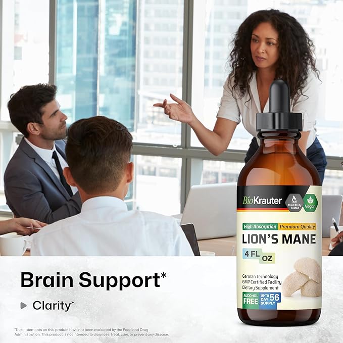 BIO KRAUTER Lions Mane Liquid Extract - Mushroom Supplement for Brain Support - Vegan Lions Mane Supplement - Alcohol & Sugar Free Drops - 4 Fl.Oz.