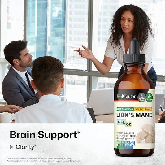 BIO KRAUTER Lions Mane Liquid Extract - Mushroom Supplement for Brain Support - Vegan Lions Mane Supplement - Alcohol & Sugar Free Drops - 4 Fl.Oz.