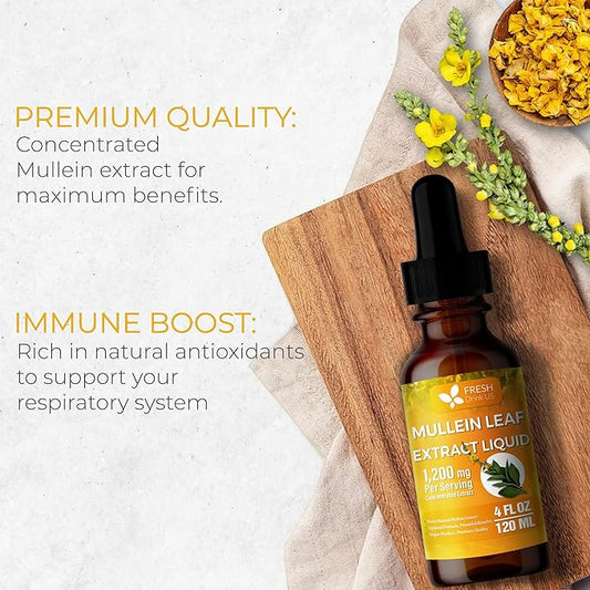 FRESHDRINKUS, 4 fl oz (120ml) Mullein Drops for Lungs Cleanse Support, Mullein Extract Liquid, 1200mg per Serving, 120 Days Supply – 100% from Natural Mullein Leaves, Non-GMO, Gluten-Free (4 fl oz)
